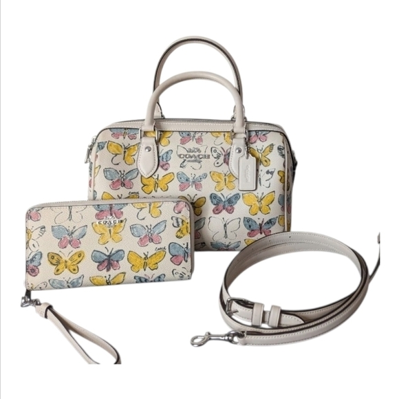 🦋🔹️Coach🔹️ Rowan Satchel Bag Butterfly Print chalk multi print And Wallet - Picture 3 of 3